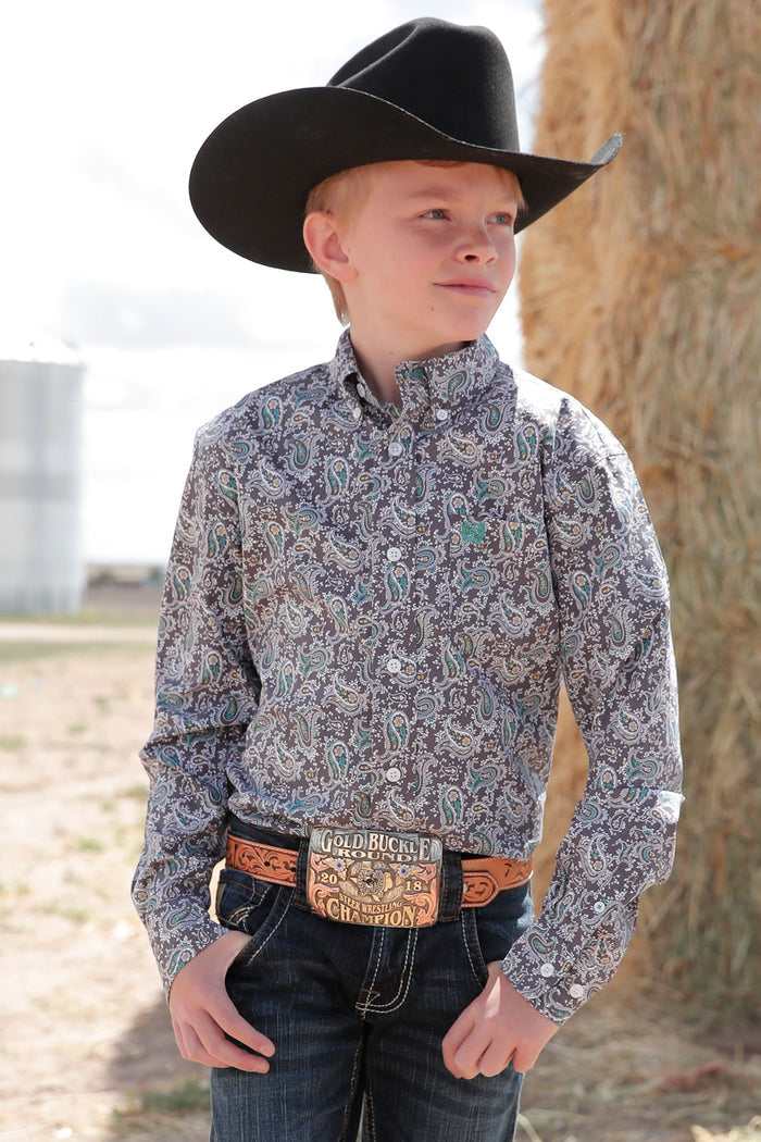 Cinch Boy's Infant/Toddler Grey Paisley Button Long Sleeve Western Shirt MTW7060317 MTW7061317 MTW7062317-Painted Cowgirl Western Store