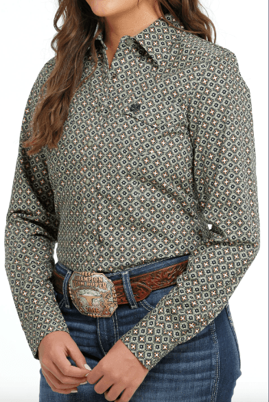 Cinch Women's Olive Geo Long Sleeve Button Western Shirt MSW9201044