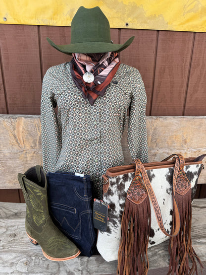Cinch Women's Olive Geo Long Sleeve Button Western Shirt MSW9201044-Painted Cowgirl Western Store