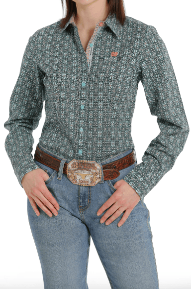 Cinch Women's Teal / Peach Multi Print Button Up Long Sleeve Western Shirt MSW9165029