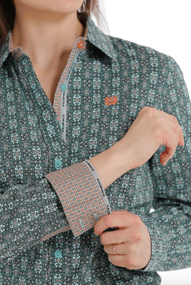 Cinch Women's Teal / Peach Multi Print Button Up Long Sleeve Western Shirt MSW9165029
