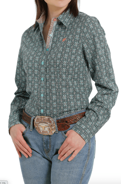 Cinch Women's Teal / Peach Multi Print Button Up Long Sleeve Western Shirt MSW9165029