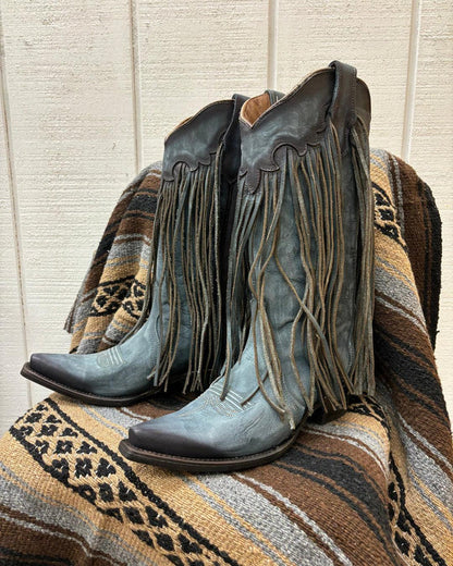 Circle G Women's Blue Leather Fringe Snip Toe Cowgirl Boots L6074-Painted Cowgirl Western Store