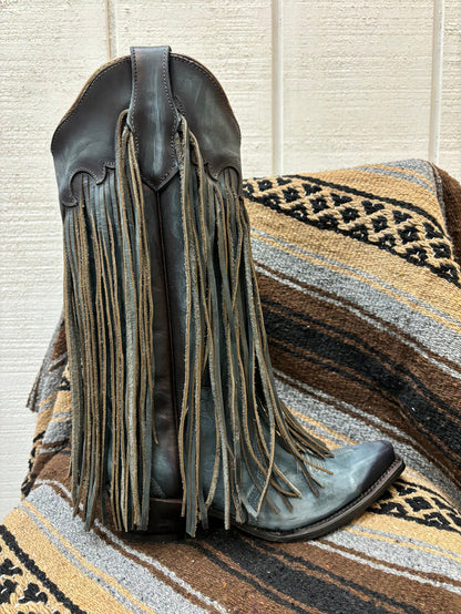 Circle G Women's Blue Leather Fringe Snip Toe Cowgirl Boots L6074-Painted Cowgirl Western Store