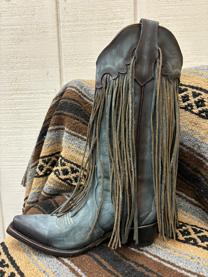 Circle G Women's Blue Leather Fringe Snip Toe Cowgirl Boots L6074-Painted Cowgirl Western Store
