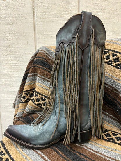 Circle G Women's Blue Leather Fringe Snip Toe Cowgirl Boots L6074-Painted Cowgirl Western Store