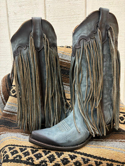 Circle G Women's Blue Leather Fringe Snip Toe Cowgirl Boots L6074-Painted Cowgirl Western Store