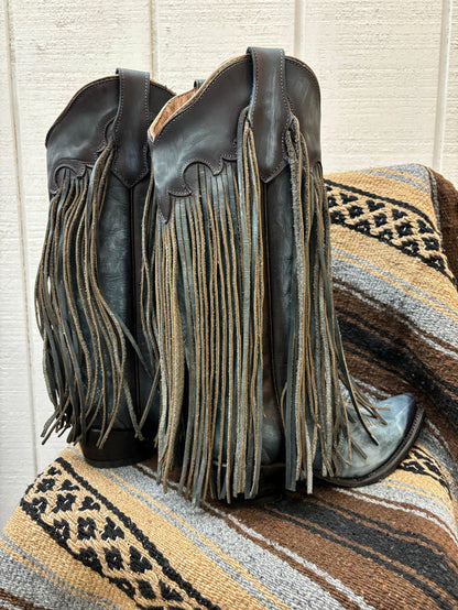 Circle G Women's Blue Leather Fringe Snip Toe Cowgirl Boots L6074-Painted Cowgirl Western Store