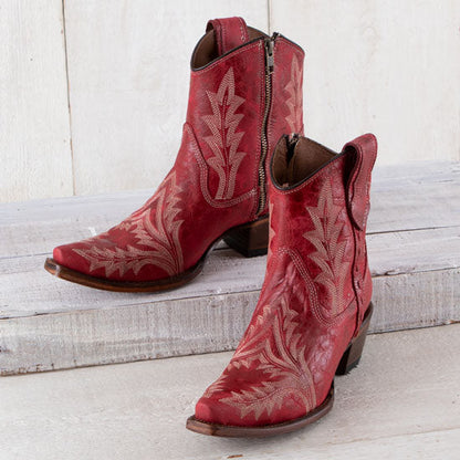 Circle G Women's Red w/White Embroidery Cowgirl Ankle Boots L5704-Painted Cowgirl Western Store