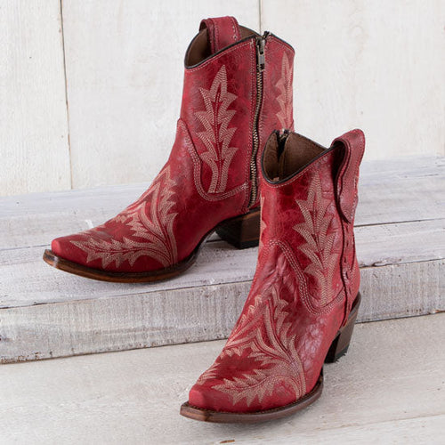 Circle G Women's Red w/White Embroidery Cowgirl Ankle Boots L5704-Painted Cowgirl Western Store
