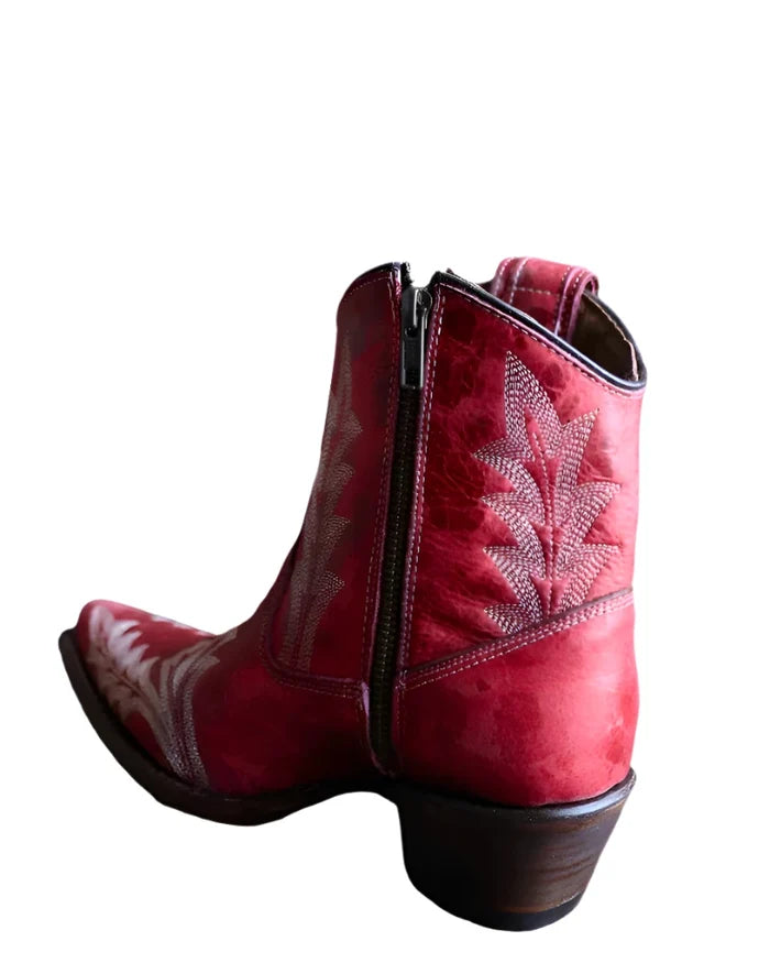 Circle G Women's Red w/White Embroidery Cowgirl Ankle Boots L5704-Painted Cowgirl Western Store