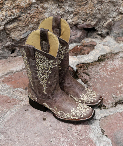 Corral Women's Brown Crater Embroidered Square Toe Cowgirl Boot A2663-Painted Cowgirl Western Store