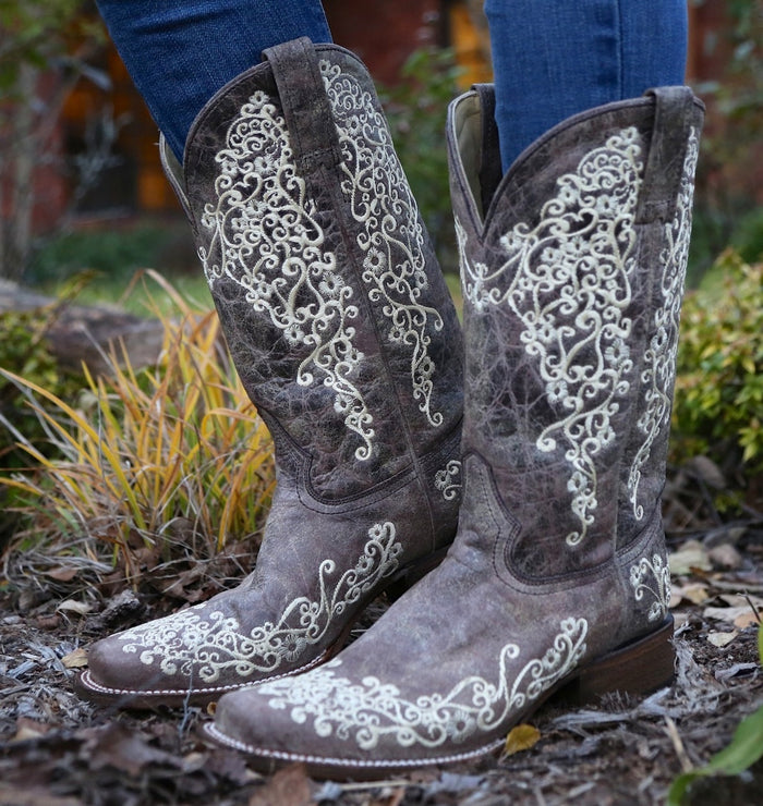 Corral Women's Brown Crater Embroidered Square Toe Cowgirl Boot A2663-Painted Cowgirl Western Store