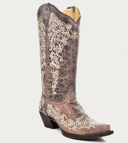 Corral Women's Crater & Bone Embroidered Snip Toe Cowgirl Boots A1094-Painted Cowgirl Western Store