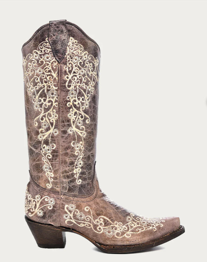 Corral Women's Crater & Bone Embroidered Snip Toe Cowgirl Boots A1094-Painted Cowgirl Western Store