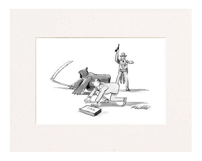 (The Grim Reaper and a man from the IRS are poised for a foot race; Uncle Sam holds the starting gun.)