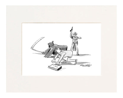(The Grim Reaper and a man from the IRS are poised for a foot race; Uncle Sam holds the starting gun.)