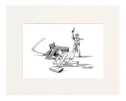 (The Grim Reaper and a man from the IRS are poised for a foot race; Uncle Sam holds the starting gun.)