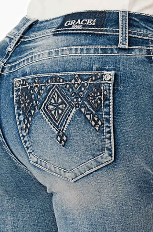 Grace in LA Easy Fit Women's Aztec Rhinestone Pocket Design Bootcut Jeans EB61838NF