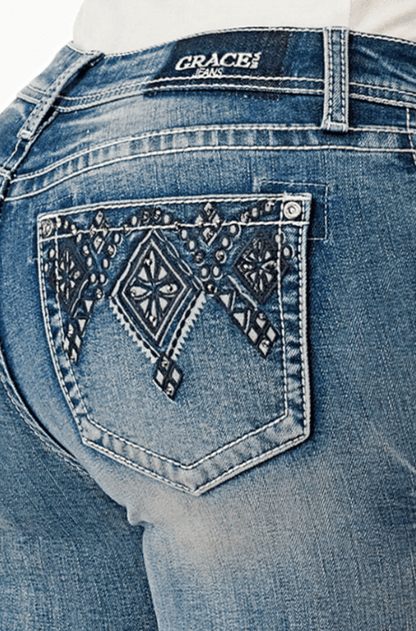Grace in LA Easy Fit Women's Aztec Rhinestone Pocket Design Bootcut Jeans EB61838NF