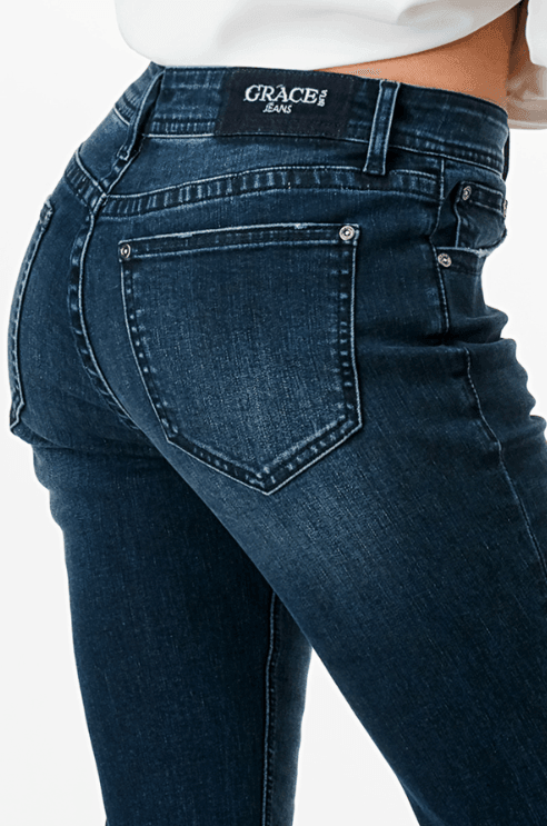 Grace in LA Easy Fit Women's Dark Wash Distressed Bootcut Jeans EB9568