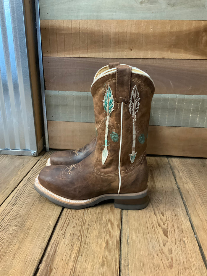 Roper Girl's Brown Leather with Feathers & Arrow Embroidery Square Toe Cowgirl Boots 7023-8460-Painted Cowgirl Western Store