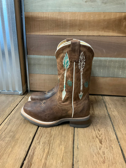 Roper Girl's Brown Leather with Feathers & Arrow Embroidery Square Toe Cowgirl Boots 7023-8460-Painted Cowgirl Western Store