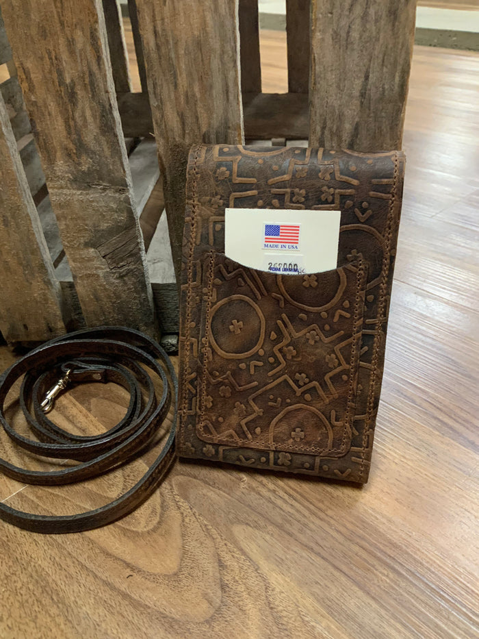 Texas Leather Brown Stamped Cell Phone Case w/ Crossbody Strap XLP269000AC-Painted Cowgirl Western Store