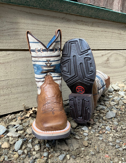 Roper Youth Burnished Tan Leather w/ Aztec Design Top Square Toe Western Cowboy Boot 7019-8424-Painted Cowgirl Western Store