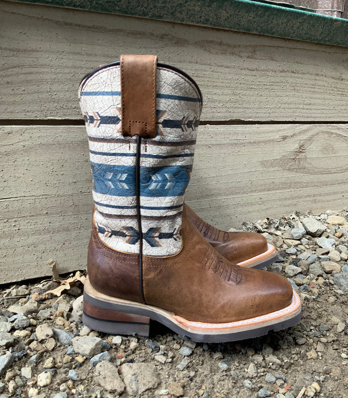 Roper Youth Burnished Tan Leather w/ Aztec Design Top Square Toe Western Cowboy Boot 7019-8424-Painted Cowgirl Western Store