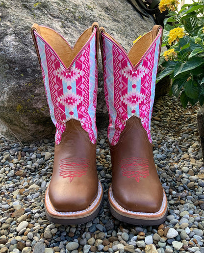 Roper Children’s and Youth Brown & Pink Aztec Printed Top Western Cowgirl Boots 9991-0124-Painted Cowgirl Western Store
