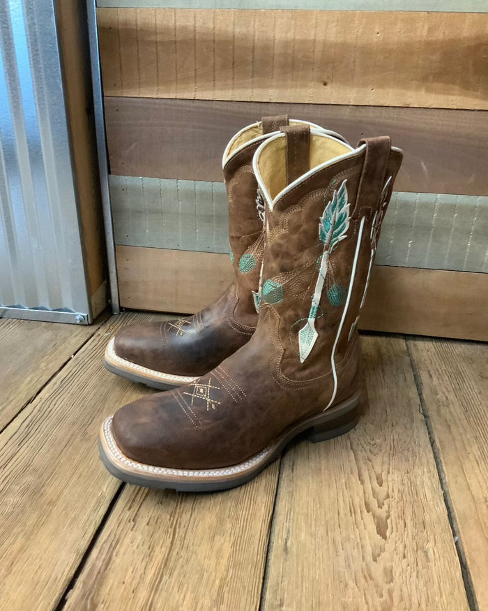 Roper Girl's Brown Leather with Feathers & Arrow Embroidery Square Toe Cowgirl Boots 7023-8460-Painted Cowgirl Western Store