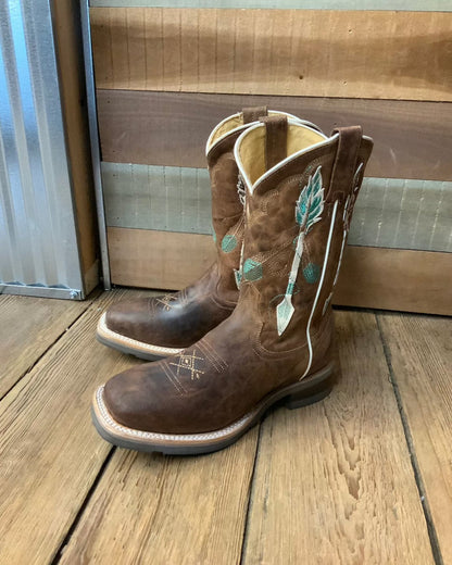 Roper Girl's Brown Leather with Feathers & Arrow Embroidery Square Toe Cowgirl Boots 7023-8460-Painted Cowgirl Western Store