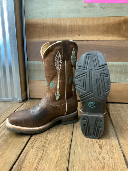 Roper Girl's Brown Leather with Feathers & Arrow Embroidery Square Toe Cowgirl Boots 7023-8460-Painted Cowgirl Western Store