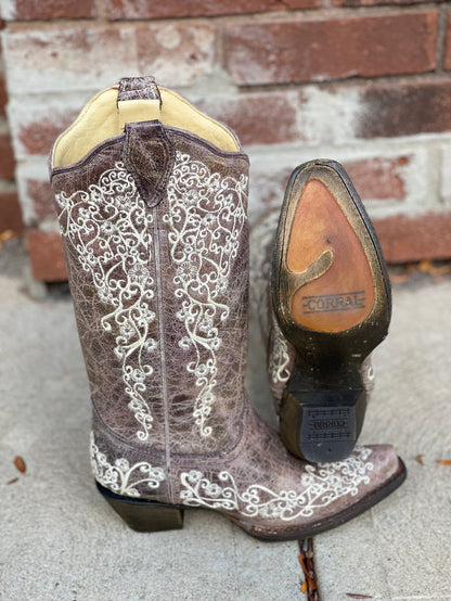 Corral Women's Crater & Bone Embroidered Snip Toe Cowgirl Boots A1094-Painted Cowgirl Western Store