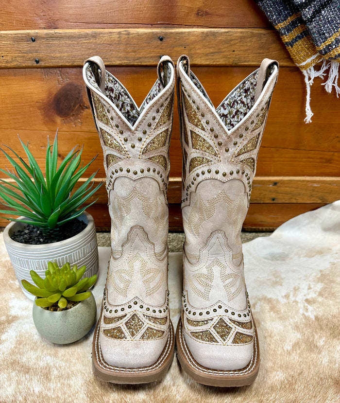 Laredo Women's Bone White Eternity Gold Sparkle Underlay Square Toe Cowgirl Boots 5867-Painted Cowgirl Western Store