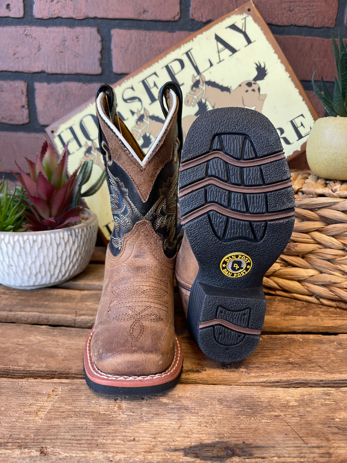 Dan Post Children/Youth Aged Bark Brown Leather & Black Top Rascal Western Cowboy Boot DPC2940 DPC3940-Painted Cowgirl Western Store