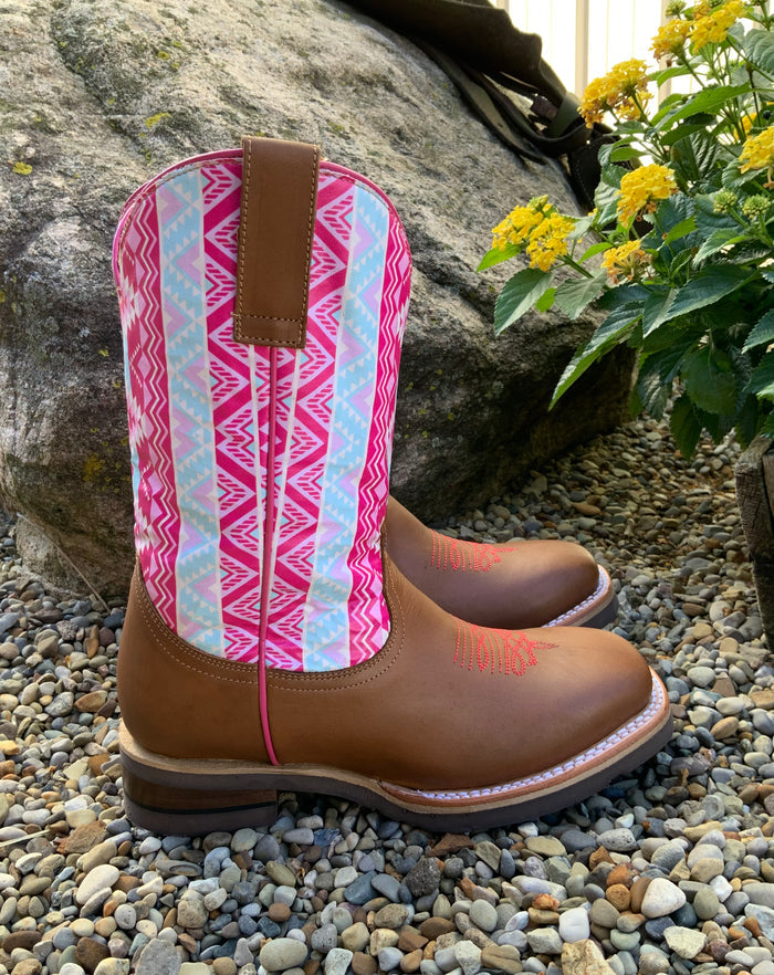 Roper Children’s and Youth Brown & Pink Aztec Printed Top Western Cowgirl Boots 9991-0124-Painted Cowgirl Western Store