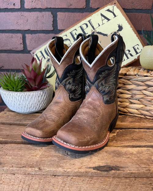 Dan Post Children/Youth Aged Bark Brown Leather & Black Top Rascal Western Cowboy Boot DPC2940 DPC3940-Painted Cowgirl Western Store