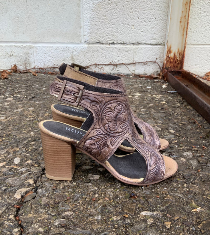 Roper Women's Vintage Beige Tooled Leather Open Toe Sanded Sandal 0946-3064-Painted Cowgirl Western Store