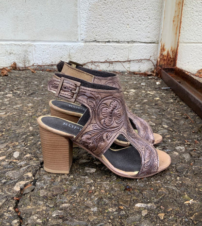 Roper Women's Vintage Beige Tooled Leather Open Toe Sanded Sandal 0946-3064-Painted Cowgirl Western Store