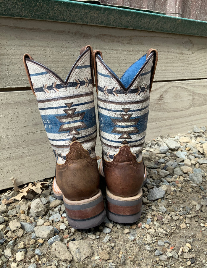 Roper Youth Burnished Tan Leather w/ Aztec Design Top Square Toe Western Cowboy Boot 7019-8424-Painted Cowgirl Western Store