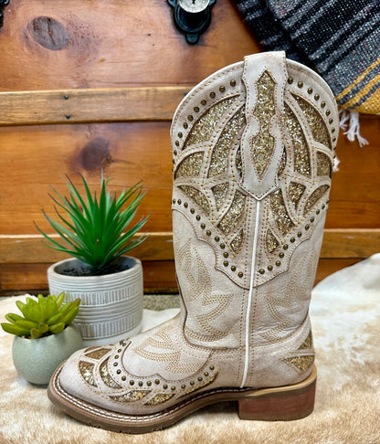 Laredo Women's Bone White Eternity Gold Sparkle Underlay Square Toe Cowgirl Boots 5867-Painted Cowgirl Western Store