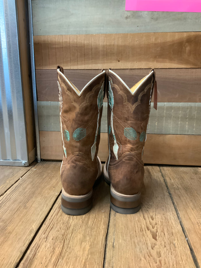 Roper Girl's Brown Leather with Feathers & Arrow Embroidery Square Toe Cowgirl Boots 7023-8460-Painted Cowgirl Western Store