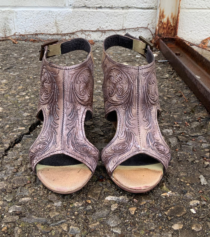 Roper Women's Vintage Beige Tooled Leather Open Toe Sanded Sandal 0946-3064-Painted Cowgirl Western Store