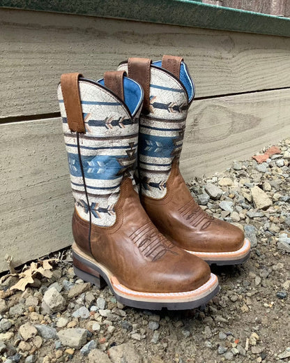 Roper Youth Burnished Tan Leather w/ Aztec Design Top Square Toe Western Cowboy Boot 7019-8424-Painted Cowgirl Western Store