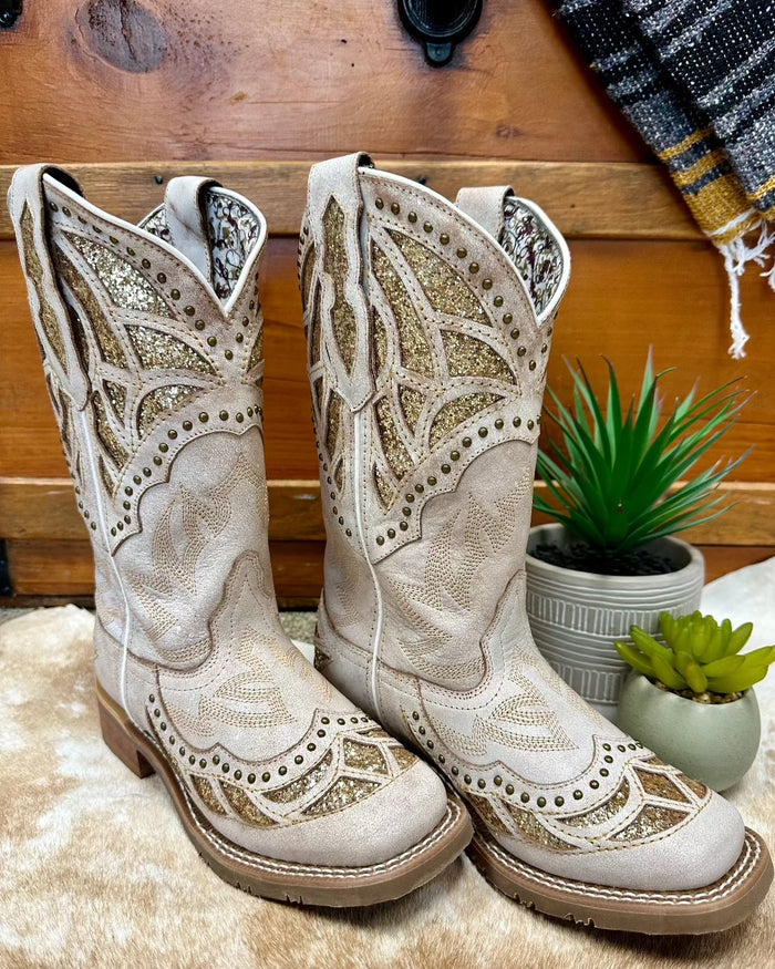 Laredo Women's Bone White Eternity Gold Sparkle Underlay Square Toe Cowgirl Boots 5867-Painted Cowgirl Western Store