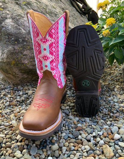 Roper Children’s and Youth Brown & Pink Aztec Printed Top Western Cowgirl Boots 9991-0124-Painted Cowgirl Western Store
