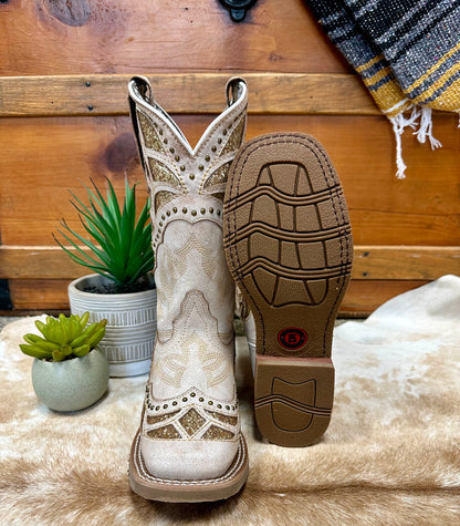 Laredo Women's Bone White Eternity Gold Sparkle Underlay Square Toe Cowgirl Boots 5867-Painted Cowgirl Western Store