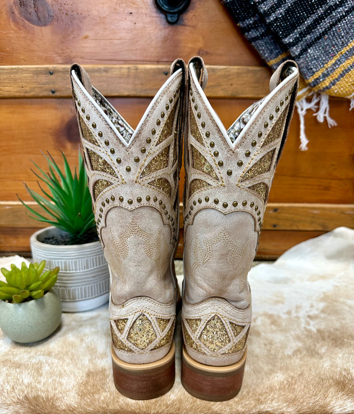 Laredo Women's Bone White Eternity Gold Sparkle Underlay Square Toe Cowgirl Boots 5867-Painted Cowgirl Western Store